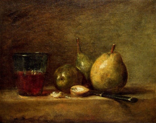 Chardin, nature morte aux poires. La variété des textures et donc des effets de lumière, prouve la valeur unique de chaque surface, de chaque matière, au regard de la lumière.