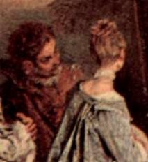 Watteau, la halte de chasse, détail...regard insistant et proie fragile..