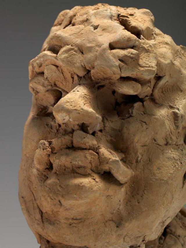 Rodin, étude pour la tête de Balzac ; cette trogne de boue séchée exprime parfaitement le geste premier de Rodin, qu'il tient à préserver et instituer avec autant de soin que les épreuves finales.